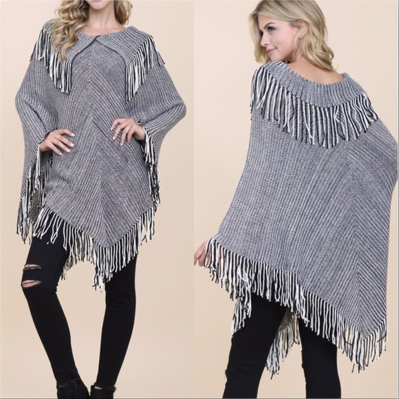 Sweaters - FRINGE DETAIL PONCHO